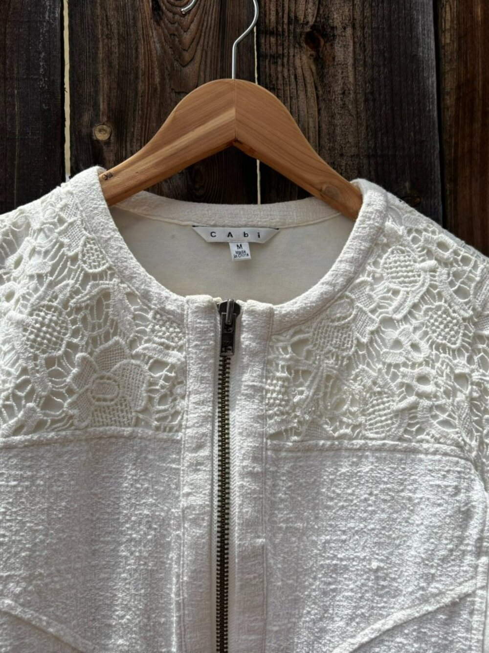 CAbi Cream Lace-Overlay Trim Zip Front Blazer Moto Jacket Medium - Picture 7 of 13